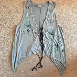 Blue Fish Long Maxi Vest Sz XL Lagenlook Artsy Boho Fish Print Blue Front Tie